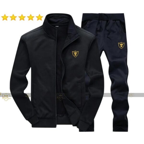 Men's Fleece Track Suit - 2 Pcs - Black - Plain Collar Design