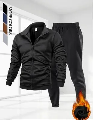 2 Pcs Men's Fleece Plain Zipper Track Suit - Image 3